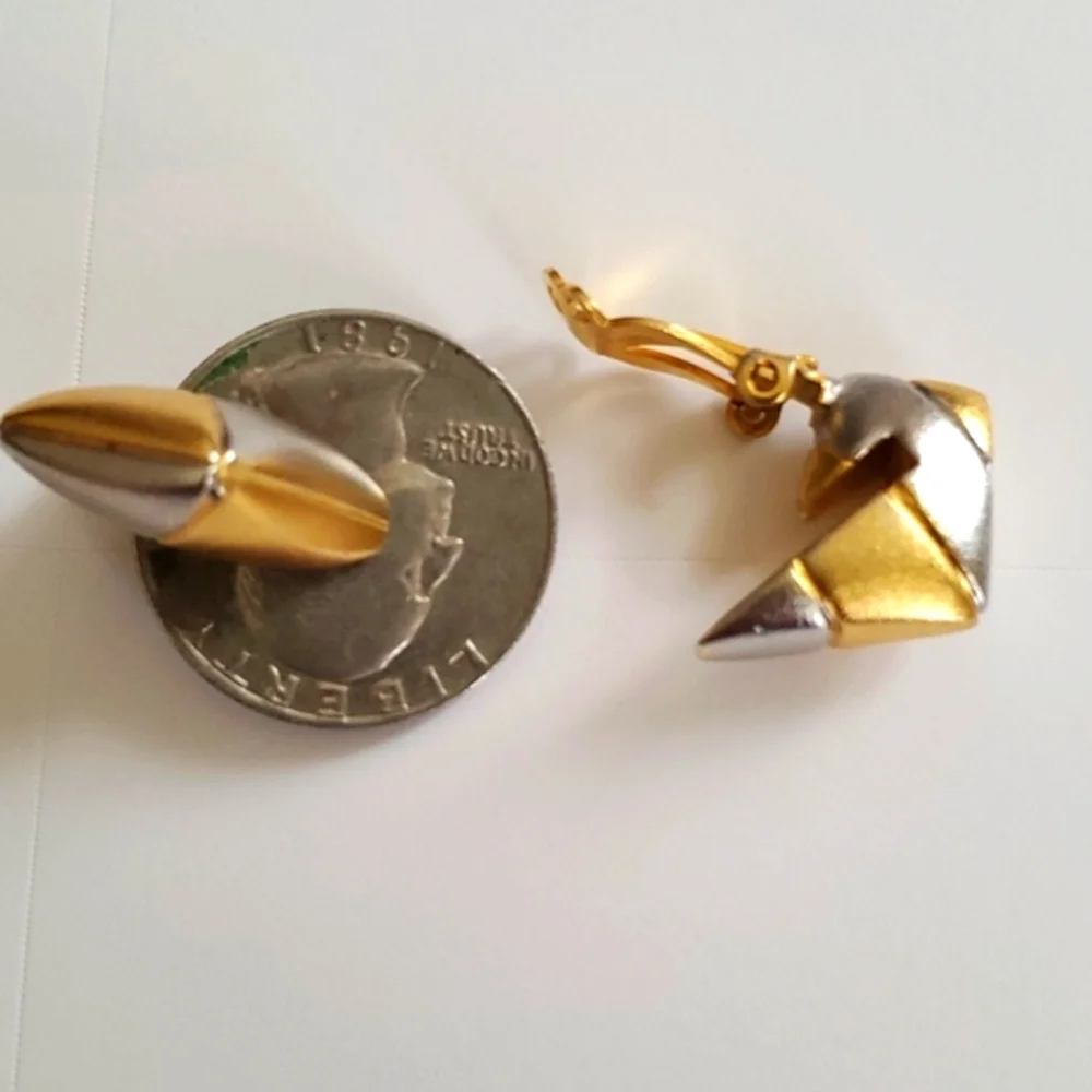 STEEL GRAY & BRASS GOLD Clip-On Earrings Two Tone Metallic_5